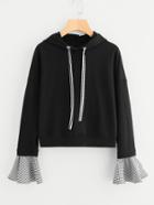 Romwe Gingham Drawstring And Bell Cuff Hoodie