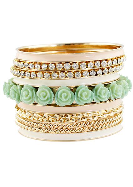 Romwe Green Crystal Flowers Multilayer Bracelet