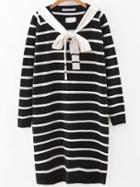 Romwe Black Striped Sweater Dress With Tie