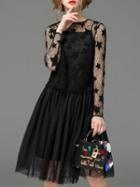 Romwe Black Sheer Sleeve Stars Lace Twinset Dress