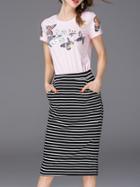 Romwe Pink Butterfly Print Top With Striped Skirt