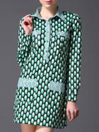 Romwe Green Lapel Polka Dot Pockets Short Dress