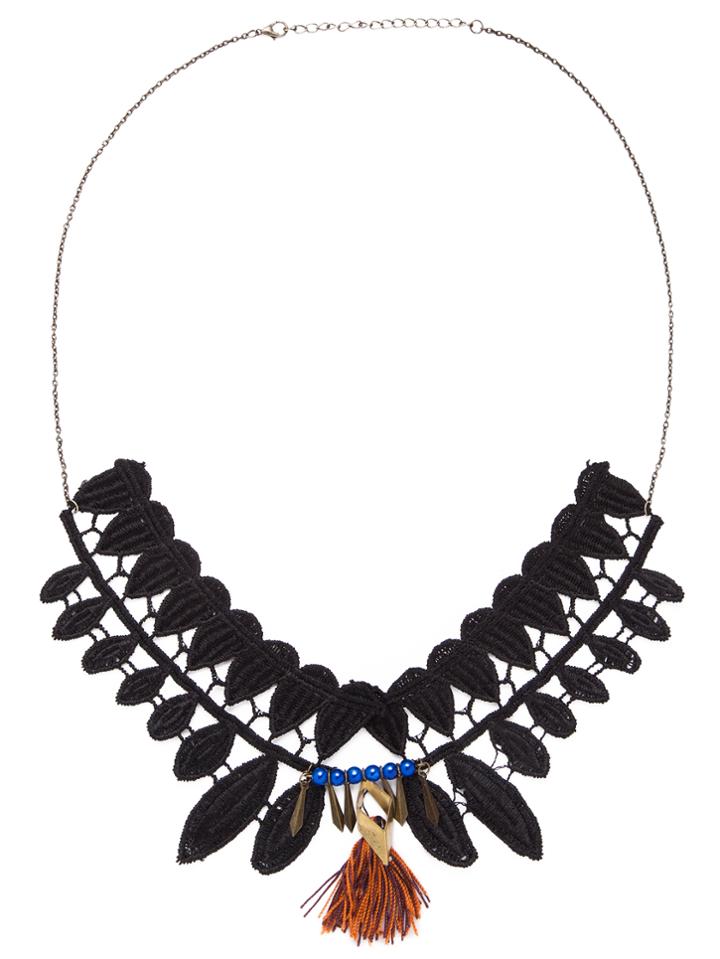 Romwe Black Fringe Beaded Lace Statement Necklace