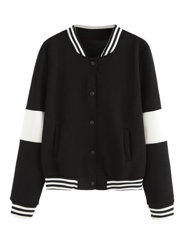 Romwe Black Color Block Single Breasted Baseball Jacket