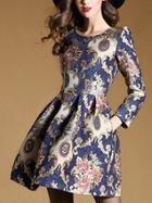 Romwe Multicolor Round Neck Long Sleeve Print Pockets Dress