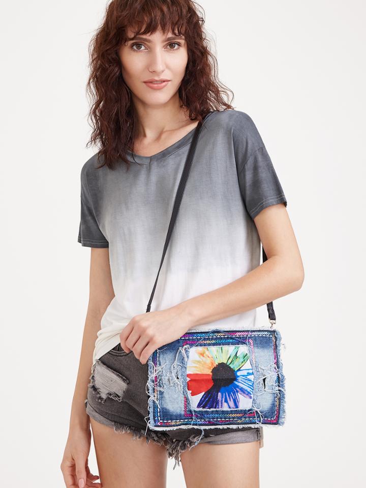 Romwe Blue Floral Print Ripped Denim Envelope Shoulder Bag
