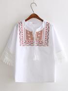 Romwe White Half Sleeve Embroidery Tassel Tie Vintage Blouse