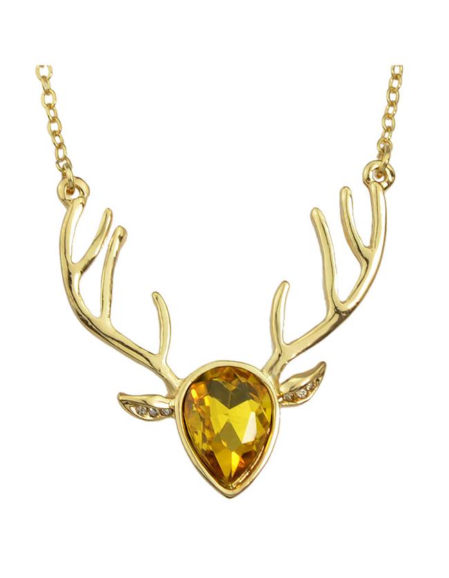 Romwe Yellow Rhinestone Deer Pendant Necklace