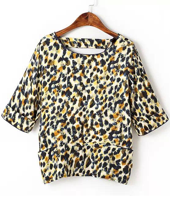 Romwe Yellow Batwing Backless Leopard Loose Blouse