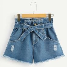 Romwe Ripped Detail Raw Hem Belted Denim Shorts