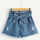 Romwe Ripped Detail Raw Hem Belted Denim Shorts