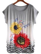 Romwe Flower Print Loose T-shirt
