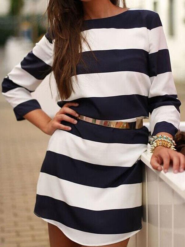Romwe Navy White Crew Neck Striped Loose Dress