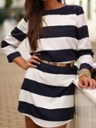 Romwe Navy White Crew Neck Striped Loose Dress