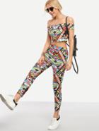 Romwe Multicolor Graffiti Print Off-the-shoulder Top With Pants
