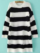 Romwe Open-knit Striped Black Sweater