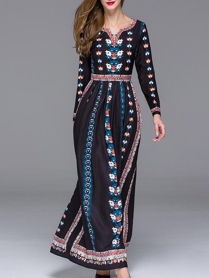 Romwe Black V Neck Long Sleeve Floral Print Maxi Dress