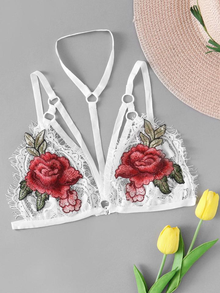 Romwe Embroidered Rose Eyelash Lace Choker Bralette