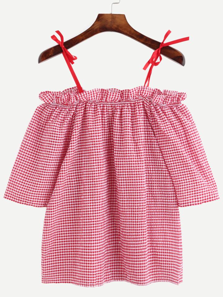 Romwe Red Plaid Tie Strap Cold Shoulder Blouse