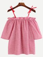 Romwe Red Plaid Tie Strap Cold Shoulder Blouse