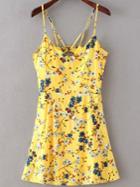 Romwe Florals Cut Out Yellow Cami Dress