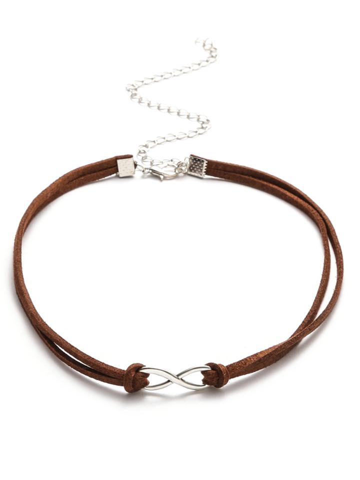 Romwe Coffee Double Layer Metal Charm Suede Choker