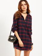 Romwe Navy Plaid Roll Tab Sleeve Half Placket Shirt Dress