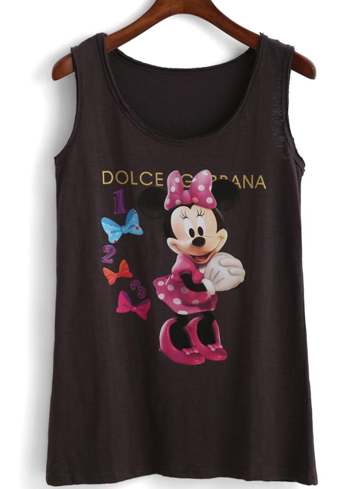 Romwe Mickey Print Black Tank Top