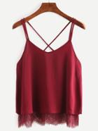 Romwe Lace Trimmed Crisscross Chiffon Cami Top - Burgundy