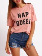 Romwe Pink Short Sleeve Letters Print Loose T-shirt