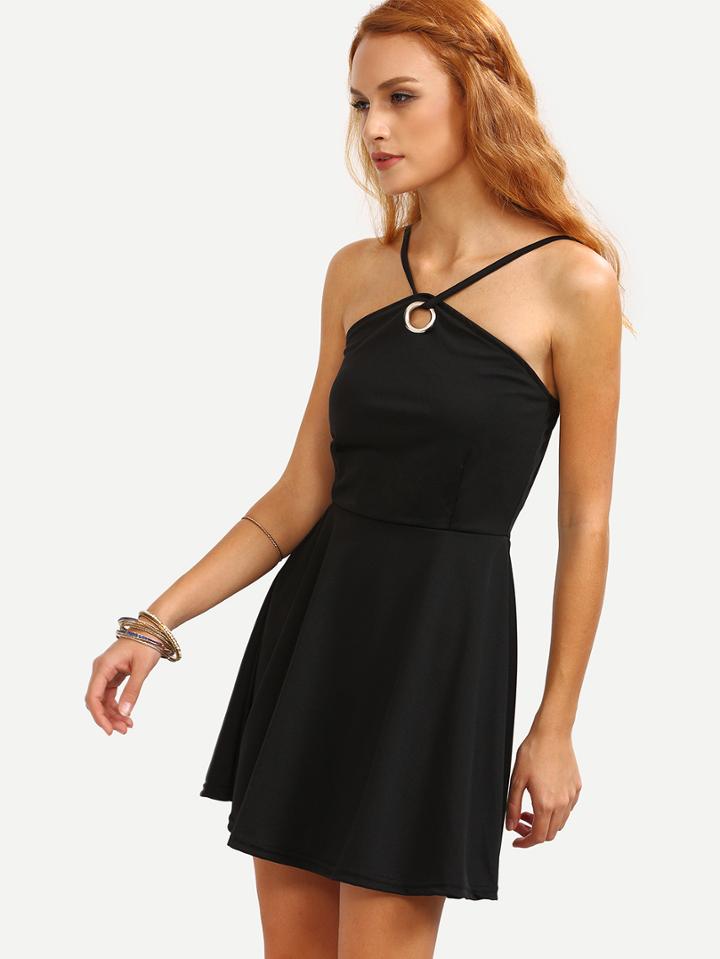 Romwe Metal Eyelet Strappy Skater Dress - Black