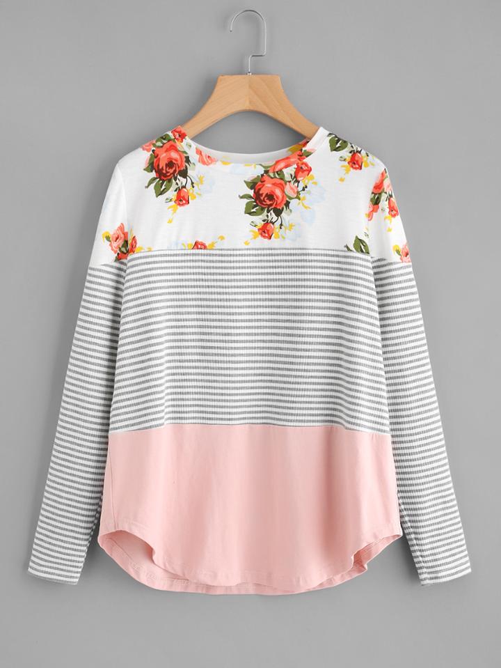 Romwe Curved Hem Mixed Print Top