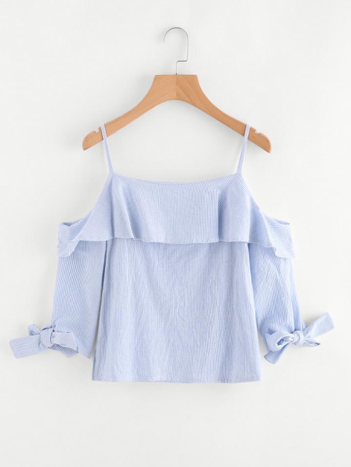 Romwe Open Shoulder Layered Striped Bow Tie Sleeve Top