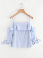 Romwe Open Shoulder Layered Striped Bow Tie Sleeve Top