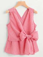 Romwe V-neckline Bow Tie Waist Gingham Dip Hem Top