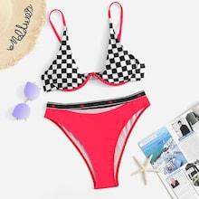 Romwe Checker Underwire Top With High Leg Bikini Set