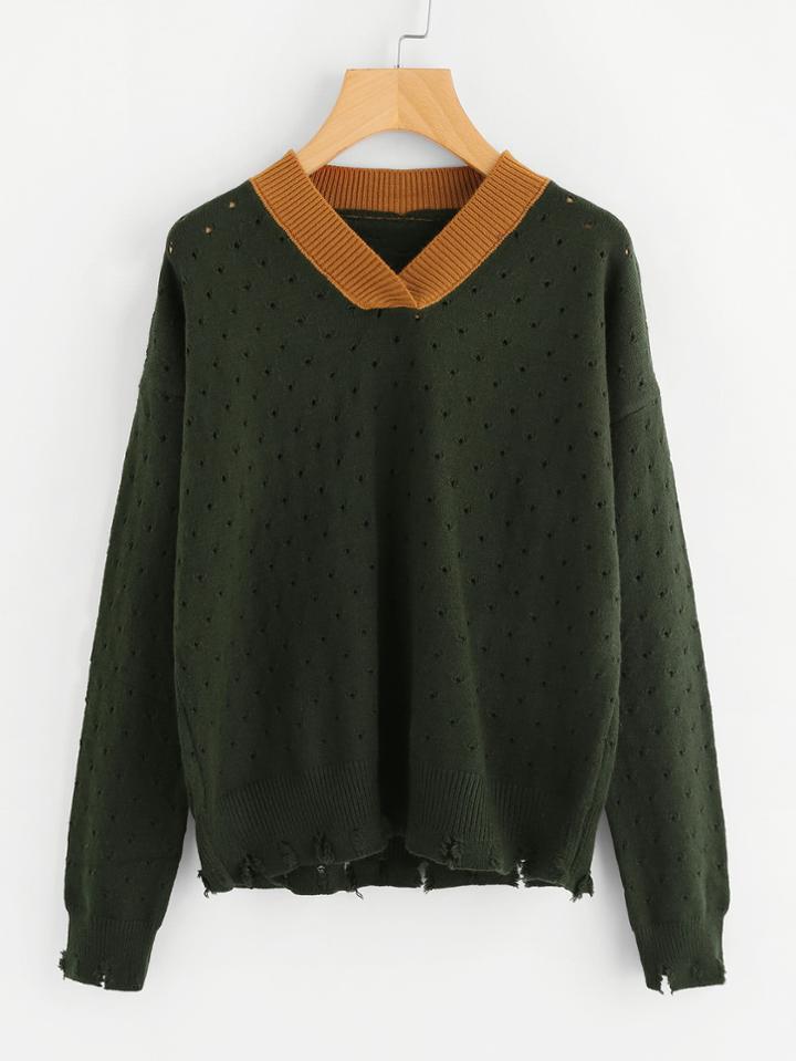 Romwe Contrast V Neckline Raw Cut Sweater