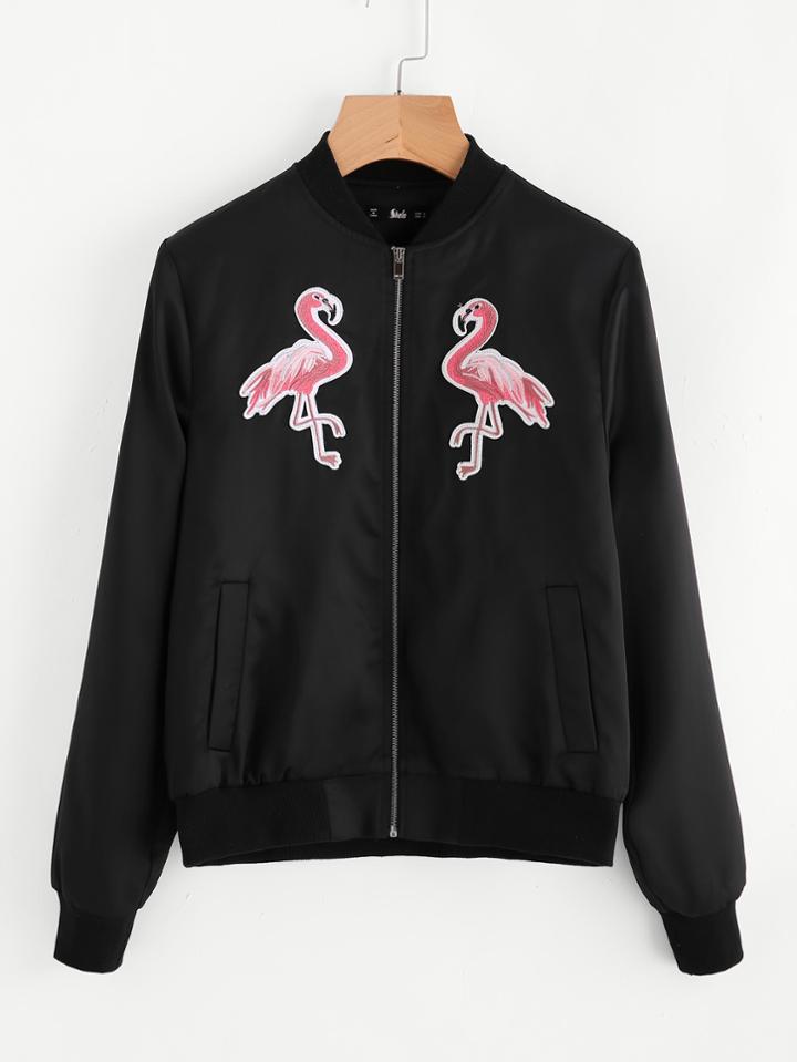 Romwe Symmetrical Flamingo Embroidery Applique Bomber Jacket