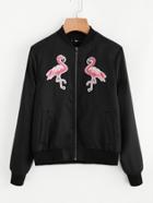 Romwe Symmetrical Flamingo Embroidery Applique Bomber Jacket