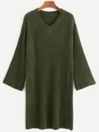 Romwe Army Green V Neck Dropped Shoulder Seam Sweater Dress