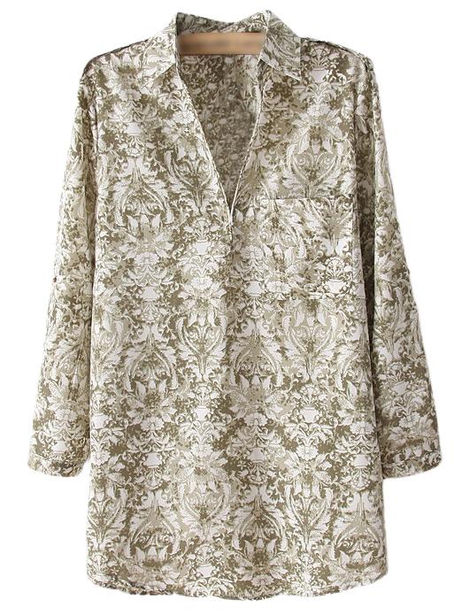 Romwe Green Long Sleeve Lapel Pocket Printed Blouse