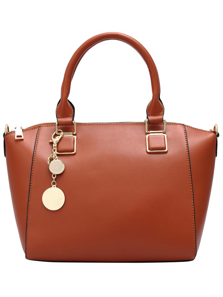 Romwe Brown Ring Embellished Zipper Pu Bag