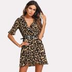 Romwe Ruffle Trim Surplice Wrap Leopard Dress