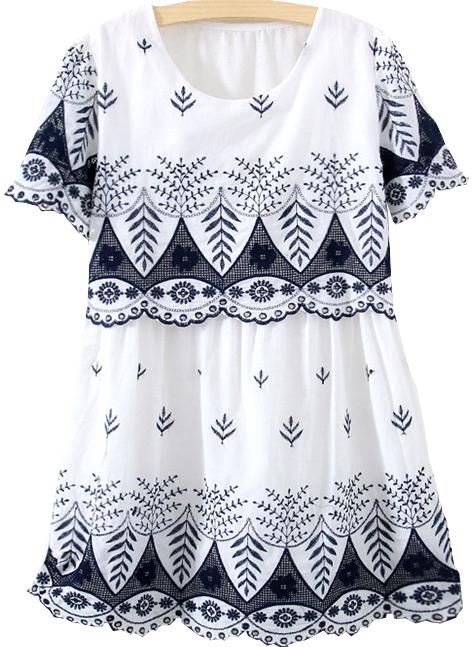 Romwe Short Sleeve Embroidered Hollow Dress