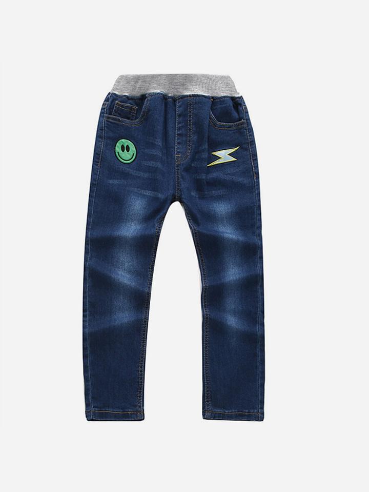 Romwe Emoji Embroidered Jeans