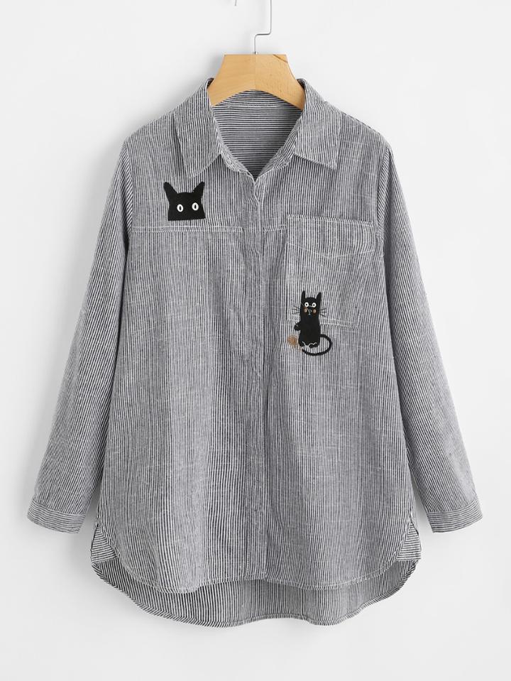 Romwe Cat Embroidery Dolphin Hem Striped Blouse