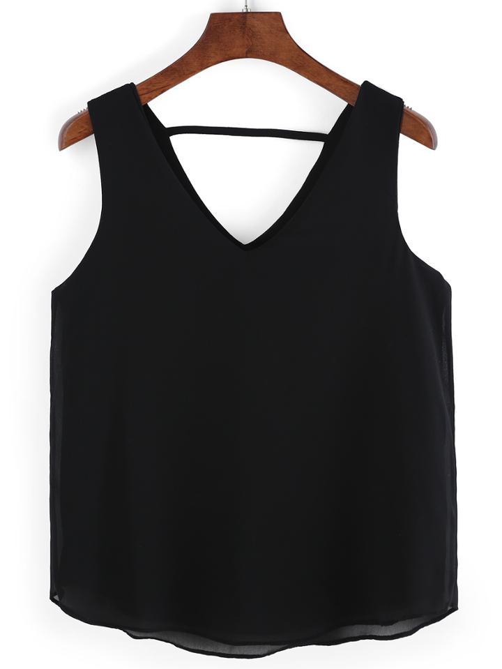 Romwe V Neck Cutout Chiffon Cami Top - Black