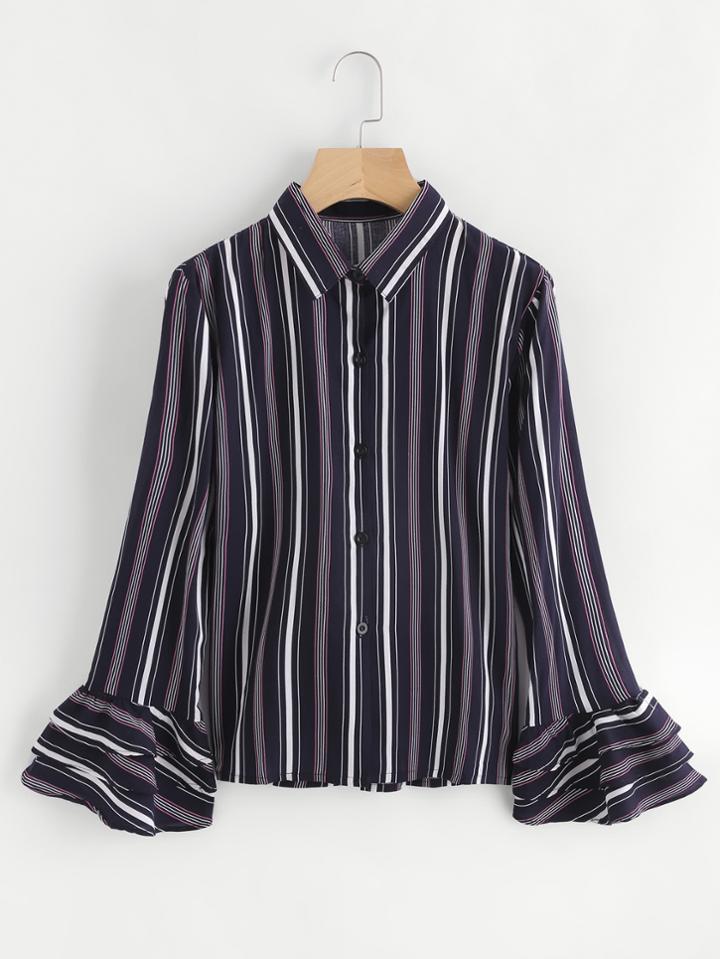 Romwe Layered Sleeve Striped Shirt
