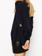 Romwe Navy Round Neck Dog Embroidered Knit Sweater