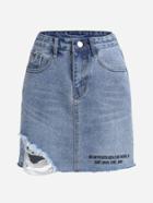 Romwe Letter Print Raw Hem Ripped Denim Skirt
